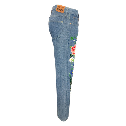 Junya Watanabe COMME des GARÇONS Multicolor Medium Wash Floral Embroidered Straight Leg Jeans