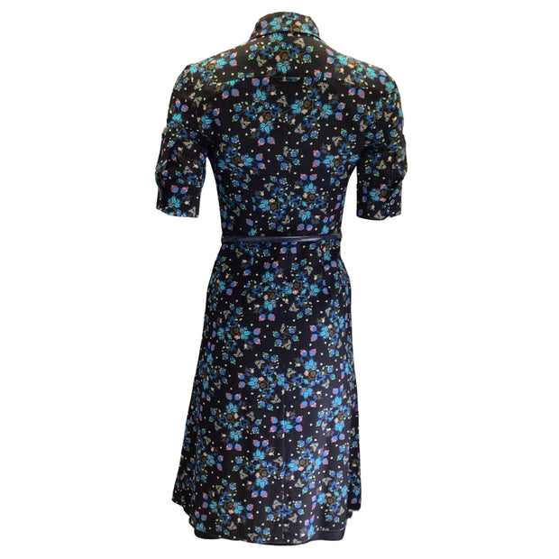 Altuzarra Navy Blue Multi Belted Floral Printed Short Sleeved Button-down Silk Midi Dress