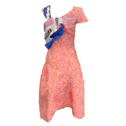 Michael Van Der Ham Pink/Blue Floral Lurex Jacquard One Shoulder Cocktail Dress