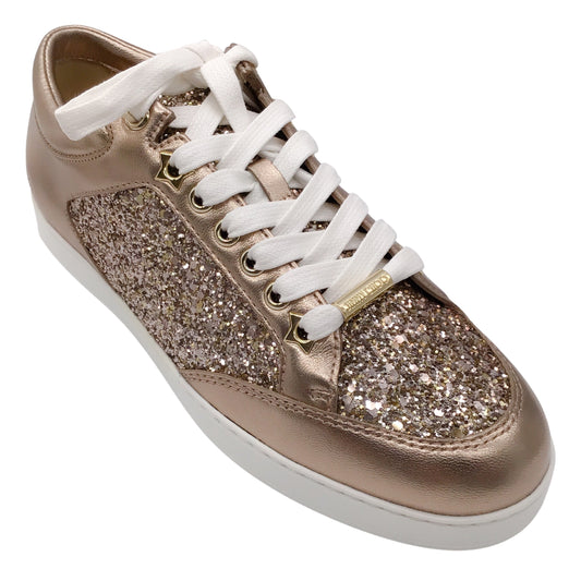 Jimmy Choo Bronze Metallic Miami Glitter Lace-Up Low Top Leather Sneakers