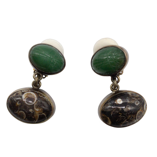 Green Semi-Precious Stone and Sterling Silver Clip-On Drop Earrings