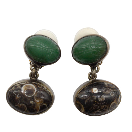 Green Semi-Precious Stone and Sterling Silver Clip-On Drop Earrings