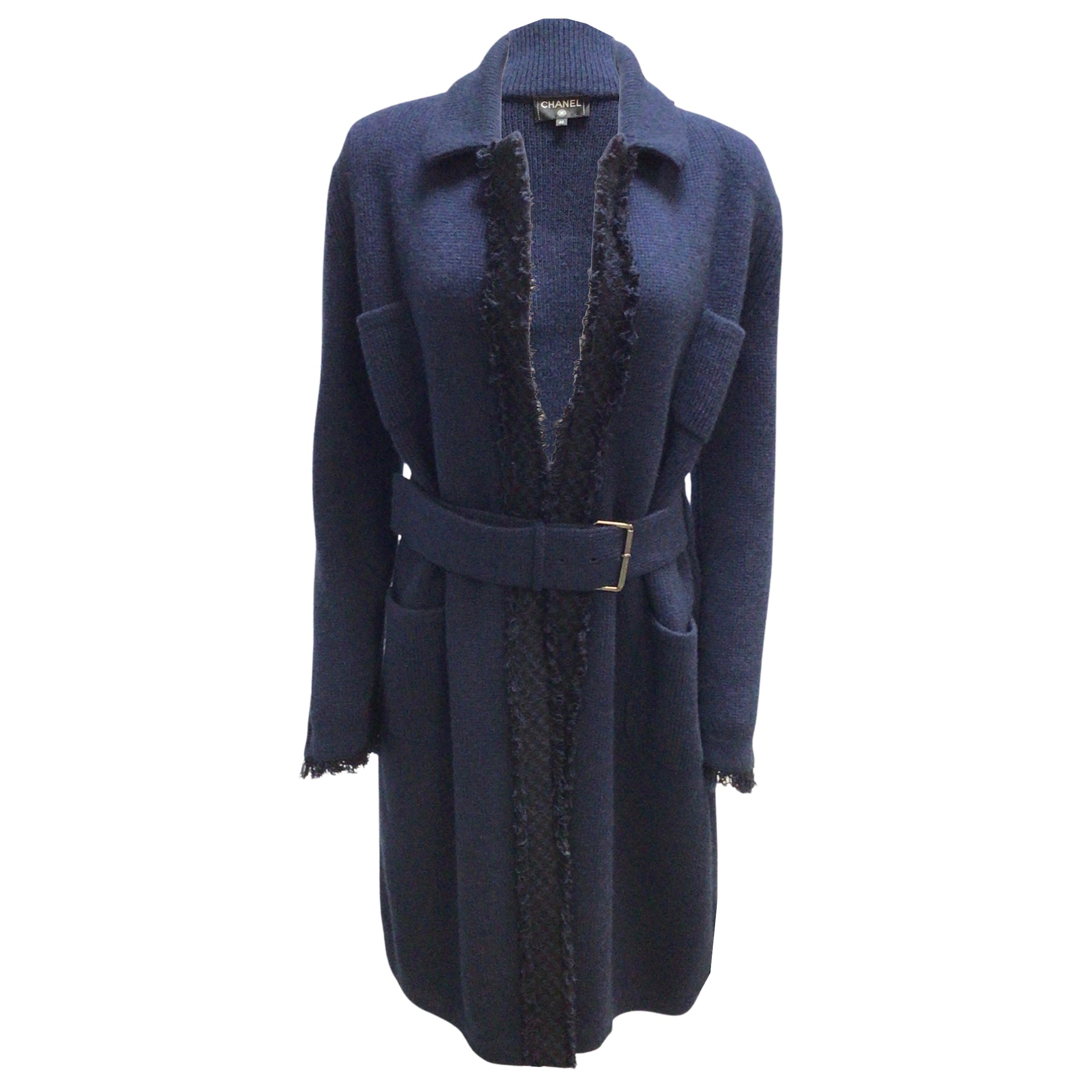 Chanel Navy Blue Gabrielle Coco Patch Belted Cashmere Knit Mid