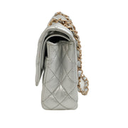 Chanel Double Flap Silver Lambskin Leather Shoulder Bag