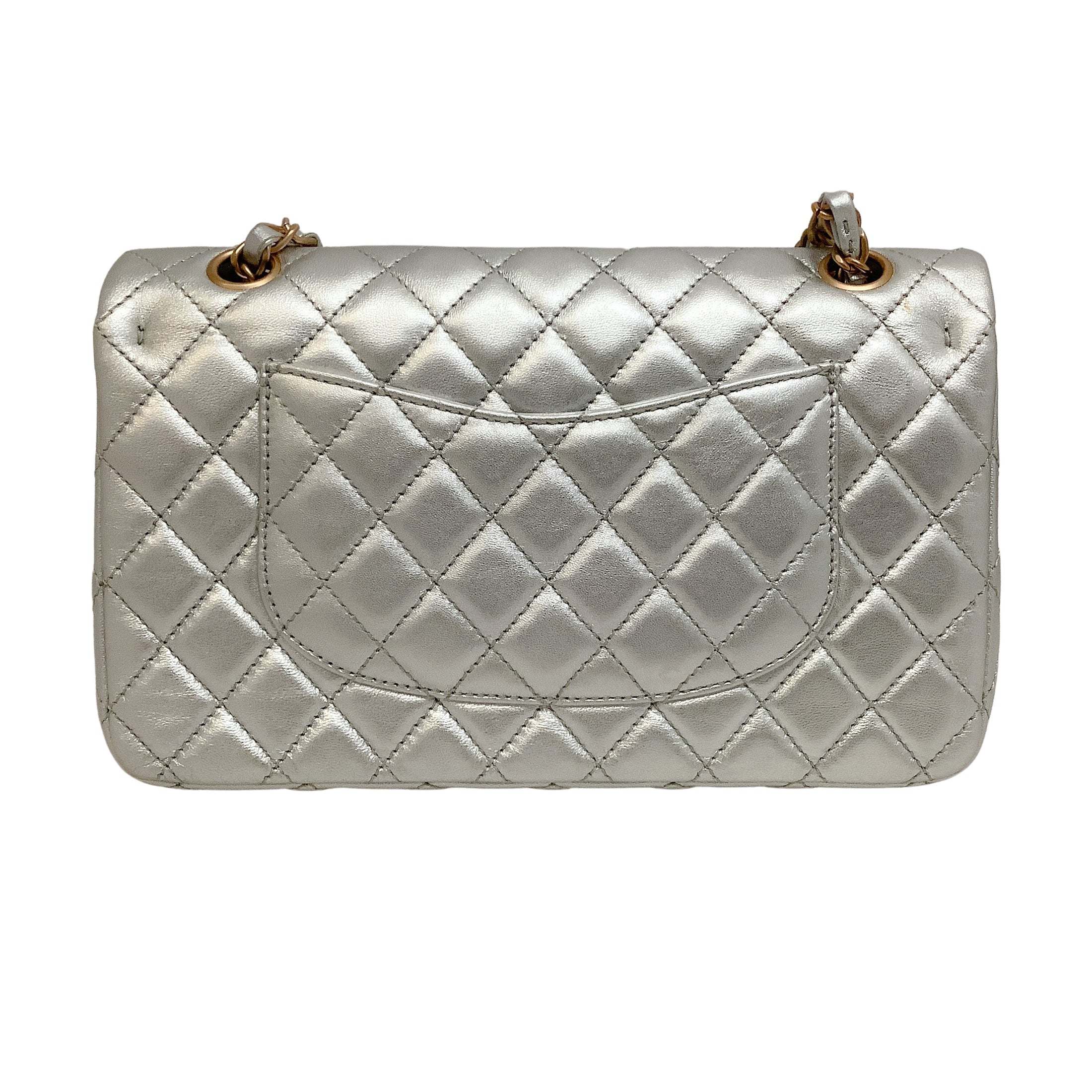 Chanel Double Flap Silver Lambskin Medium Leather Shoulder Bag