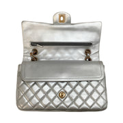 Chanel Double Flap Silver Lambskin Leather Shoulder Bag