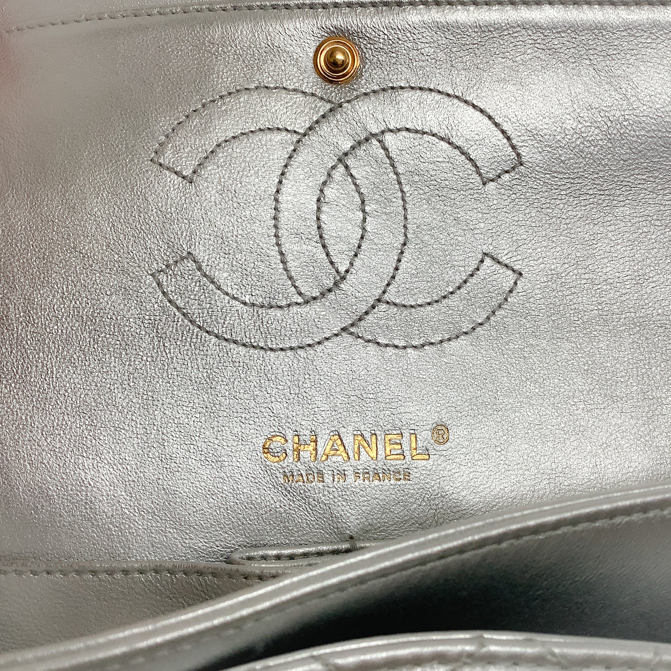 Chanel Double Flap Silver Lambskin Medium Leather Shoulder Bag