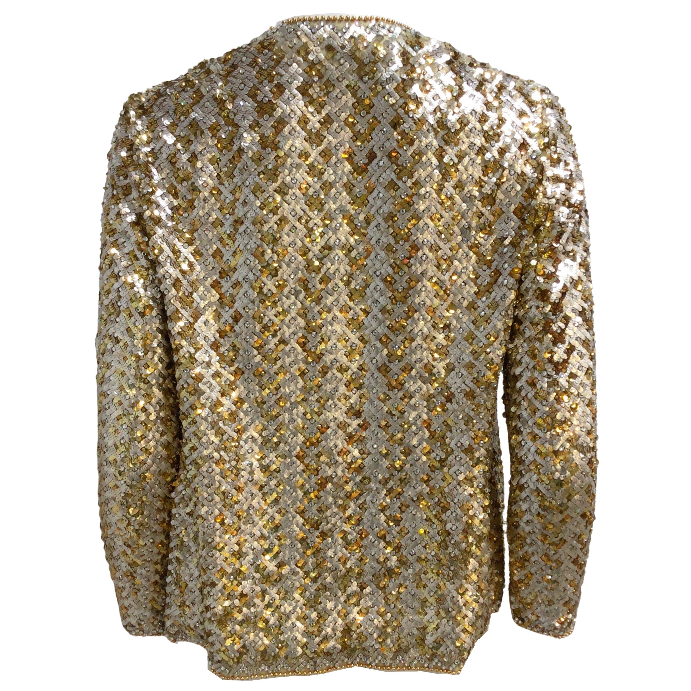 Christian Dior Vintage Gold and Silver Metallic Sequined and Beaded Open Front Jacket