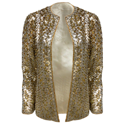 Christian Dior Vintage Gold and Silver Metallic Sequined and Beaded Open Front Jacket