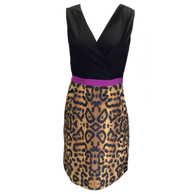 Giambattista Valli Black / Magenta / Tan Leopard Printed Sleeveless V-Neck Cocktail Dress