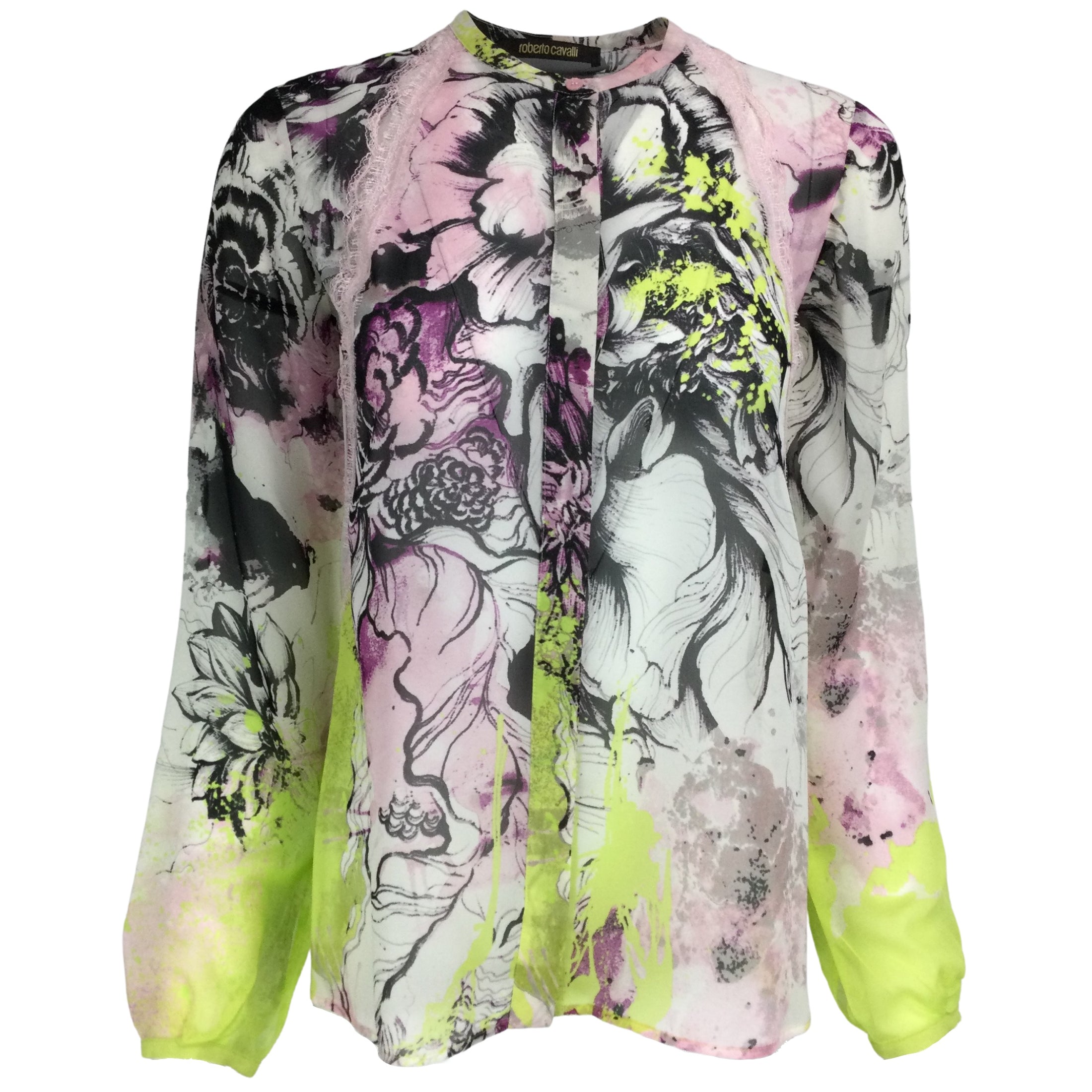 Roberto Cavalli Pink & Lime Green Abstract Print Silk Blouse Button-Down Top