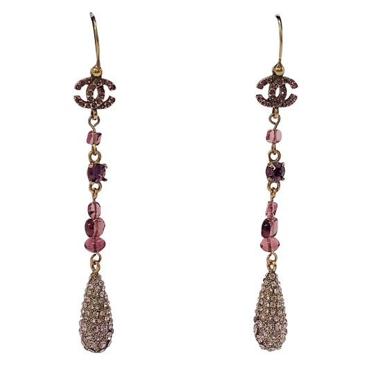 Chanel Purple / Gold Glass and Crystal Long Dangle Earrings