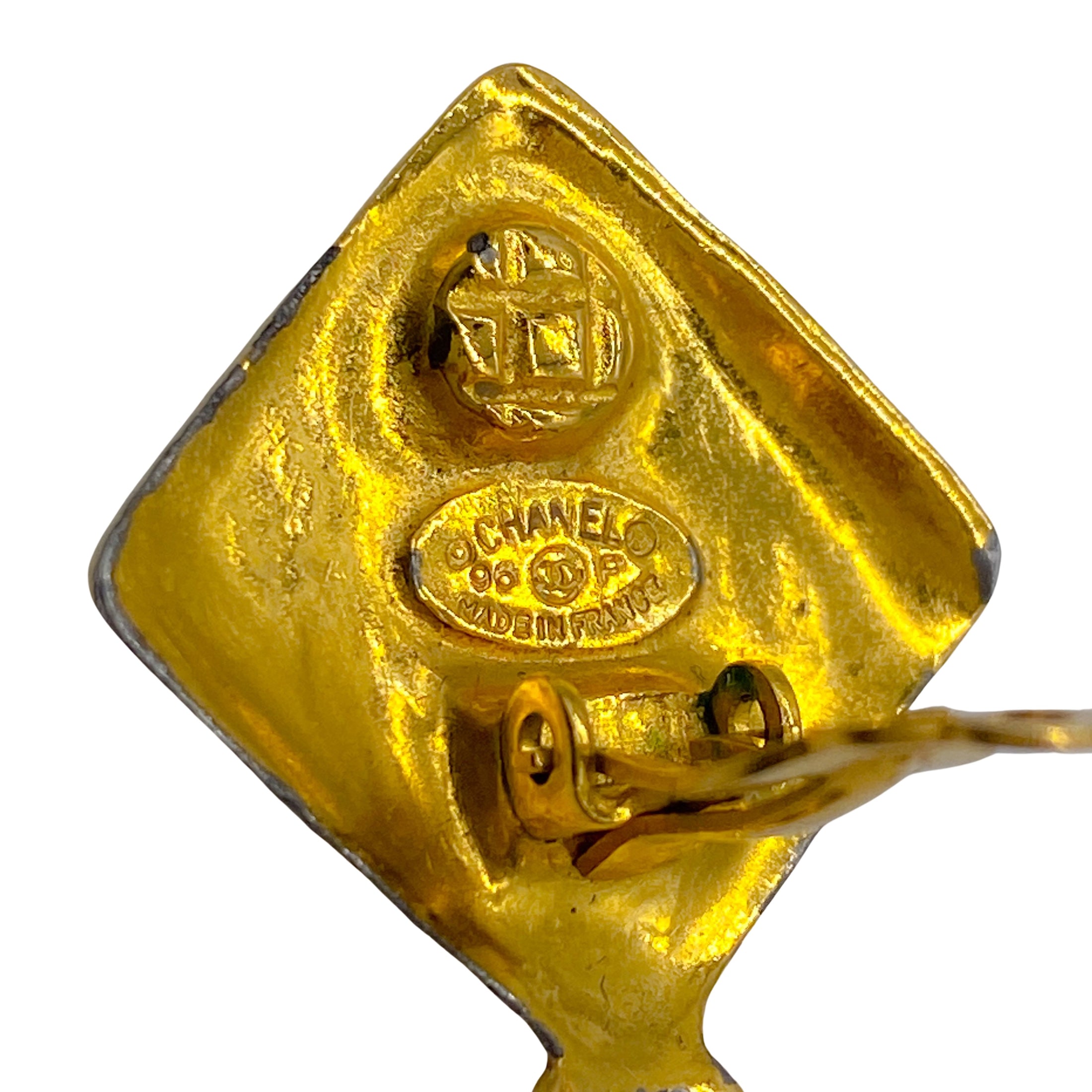 Chanel Gold Tone 1996 Logo Drop Clip On Earrings