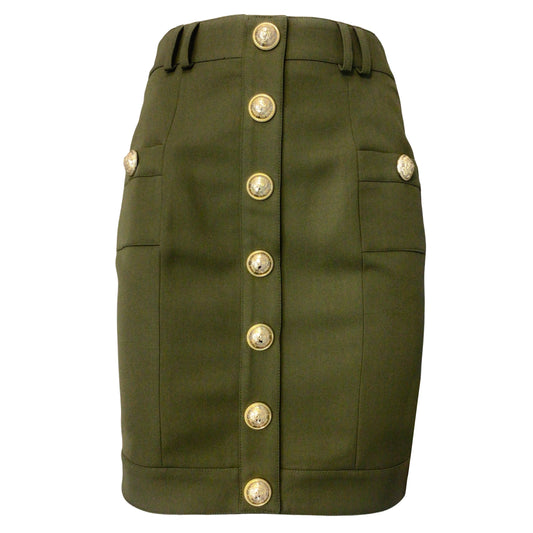 Balmain Paris Olive Green / Gold Buttoned Knee-Length Skirt