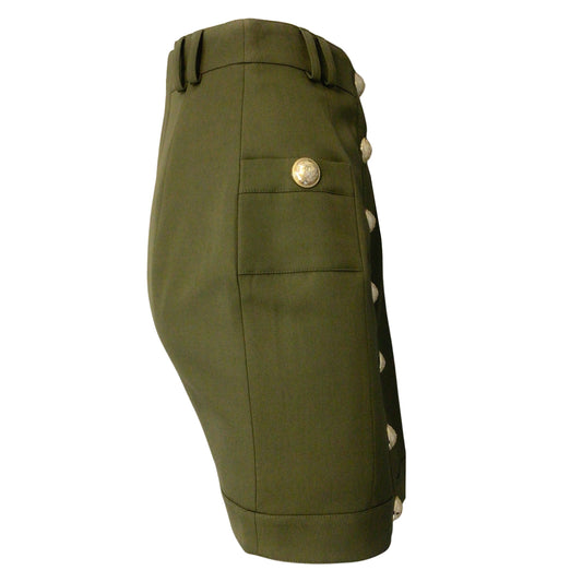 Balmain Paris Olive Green / Gold Buttoned Knee-Length Skirt