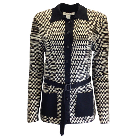Oscar de la Renta Black / Ivory Two-Tone Belted Long Sleeved Wool Knit Button-down Cardigan Sweater
