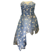 Oscar de la Renta Light Blue / White Polka Dotted Strapless Asymmetric Hem Mesh Tulle Dress