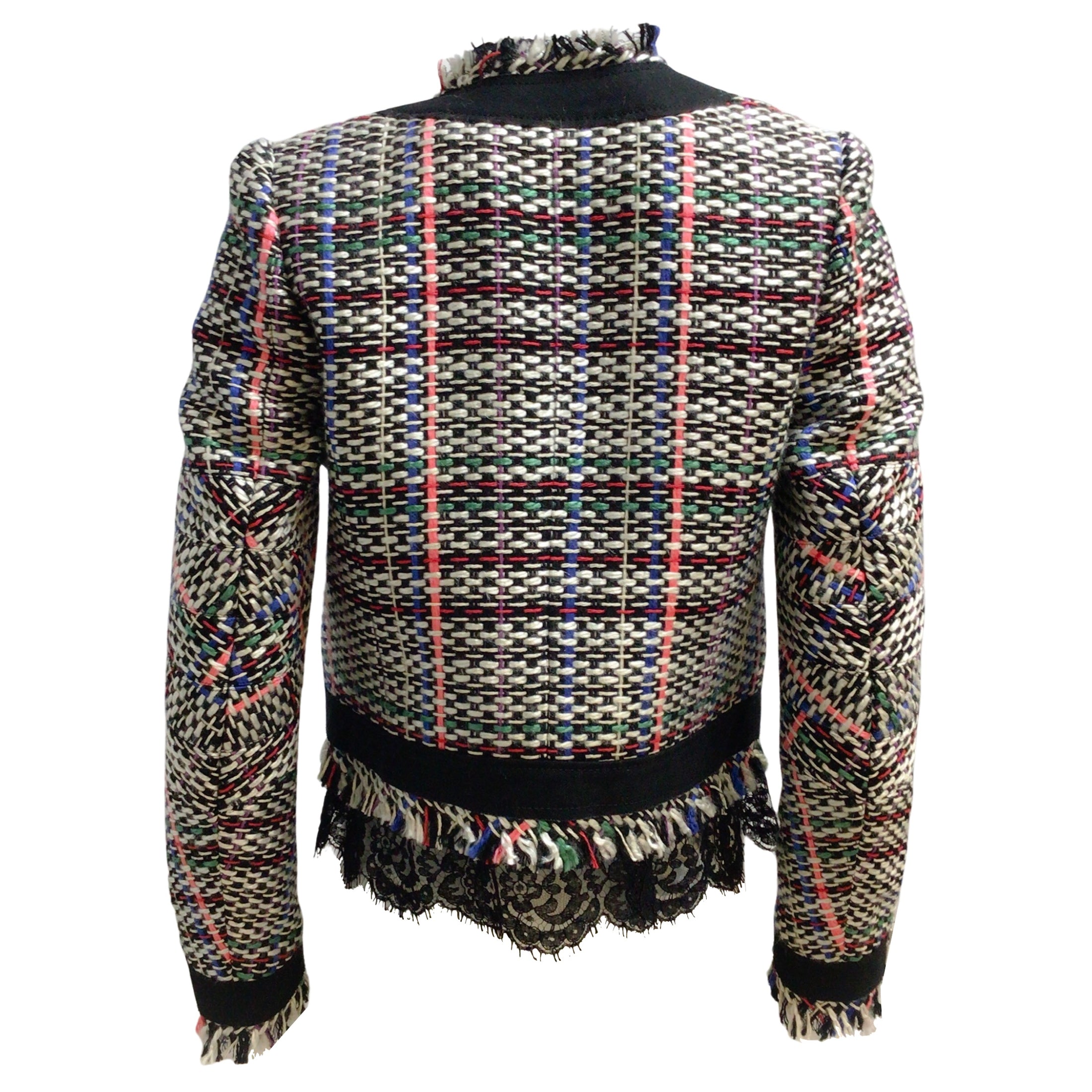 Sacai Black and White Multi Lace Trimmed Full Zip Tweed Jacket