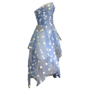 Oscar de la Renta Light Blue / White Polka Dotted Strapless Asymmetric Hem Mesh Tulle Dress