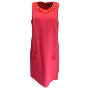 Andrew Gn Raspberry Pink / Red Beaded and Stone Embellished Collar Wool Crepe Shift Dress