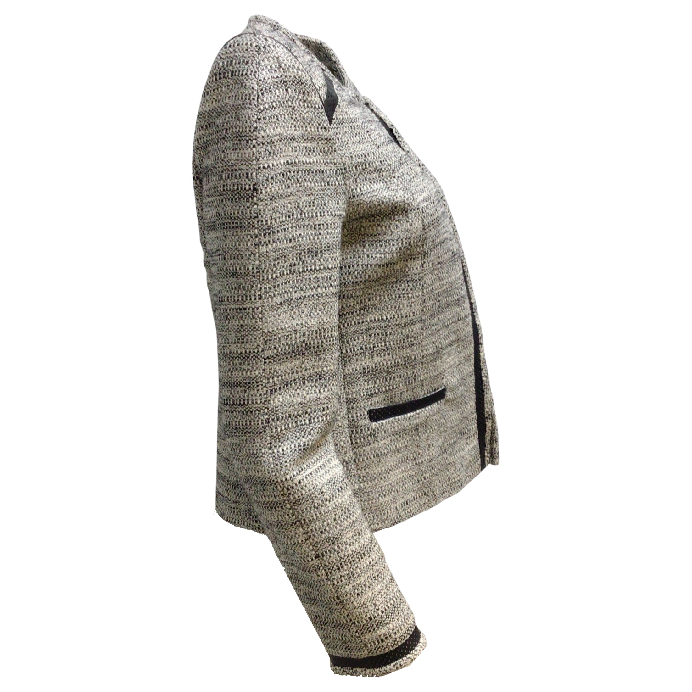 GERARD DAREL Black / Ivory Perforated Leather Trim Woven Tweed Blazer