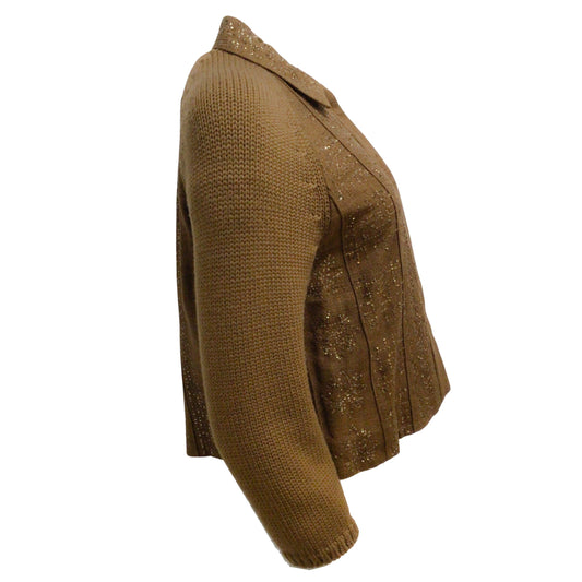 Alberta Ferretti Brown Sequined Raw Silk and Wool Knit Blazer / Jacket