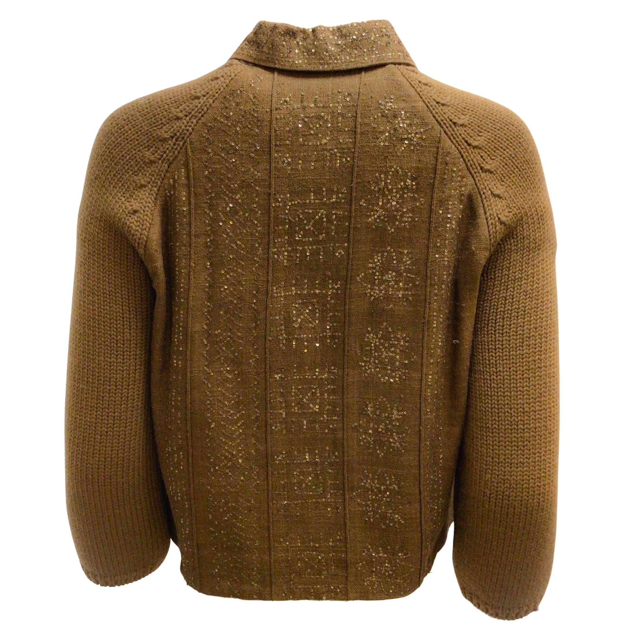 Alberta Ferretti Brown Sequined Raw Silk and Wool Knit Blazer / Jacket