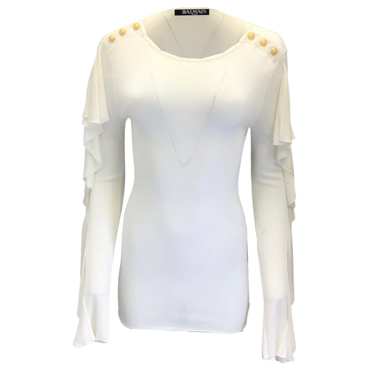Balmain Ivory / Gold Buttoned Ruffled Long Sleeved Knit Blouse