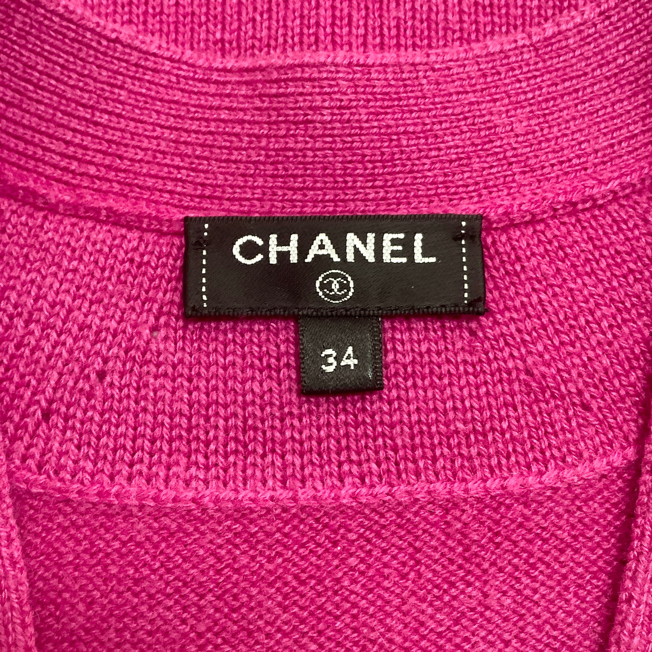 Chanel 2021 Cashmere V Neck Cardigan Fuchsia / White Sweater