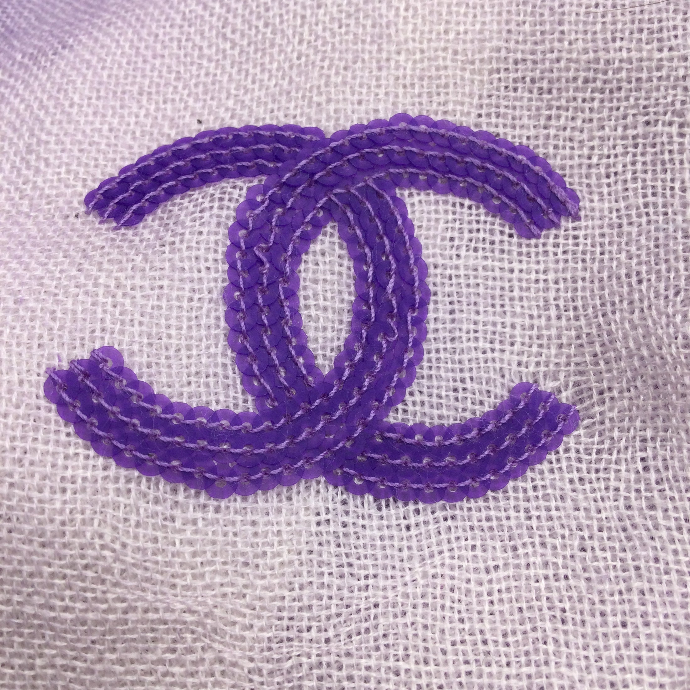 Chanel Lavender / White Sequined Cc Logo Fringed Trim Ombre-effect Cashmere and Silk Scarf/Wrap