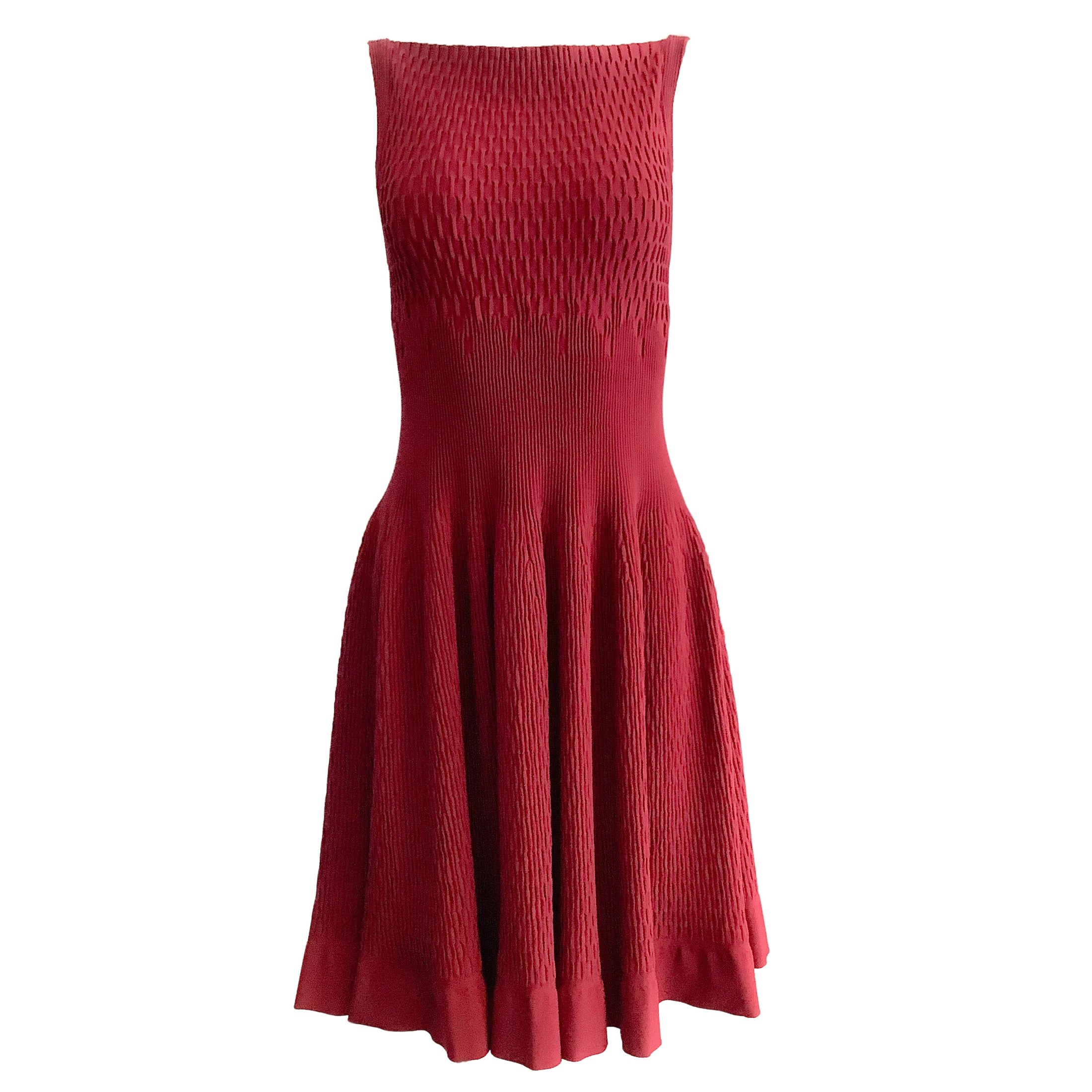 ALAÏA Burgundy Rib Knit Fit & Flare Short Casual Dress
