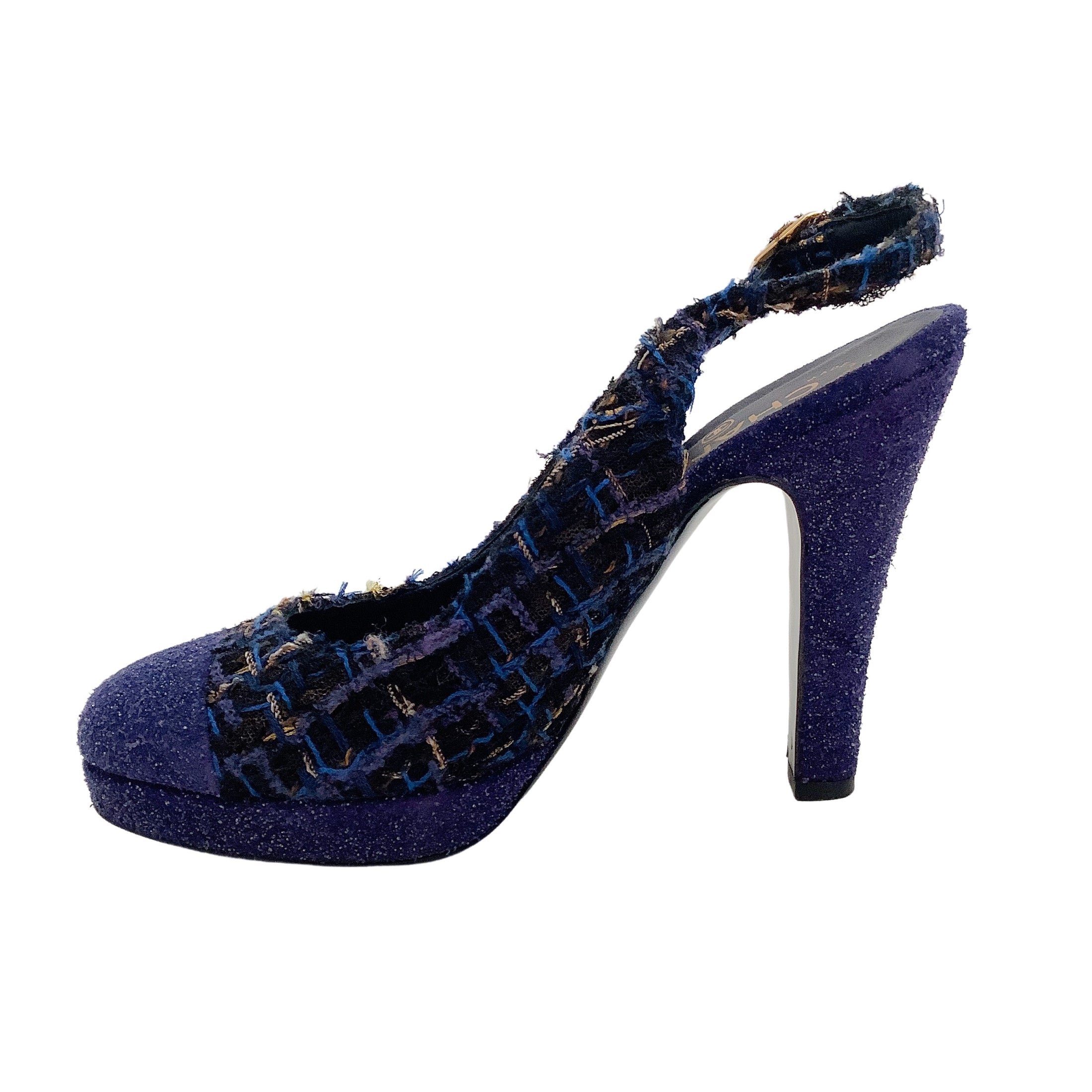 Chanel Purple / Blue Tweed Cap Toe Slingback Pumps
