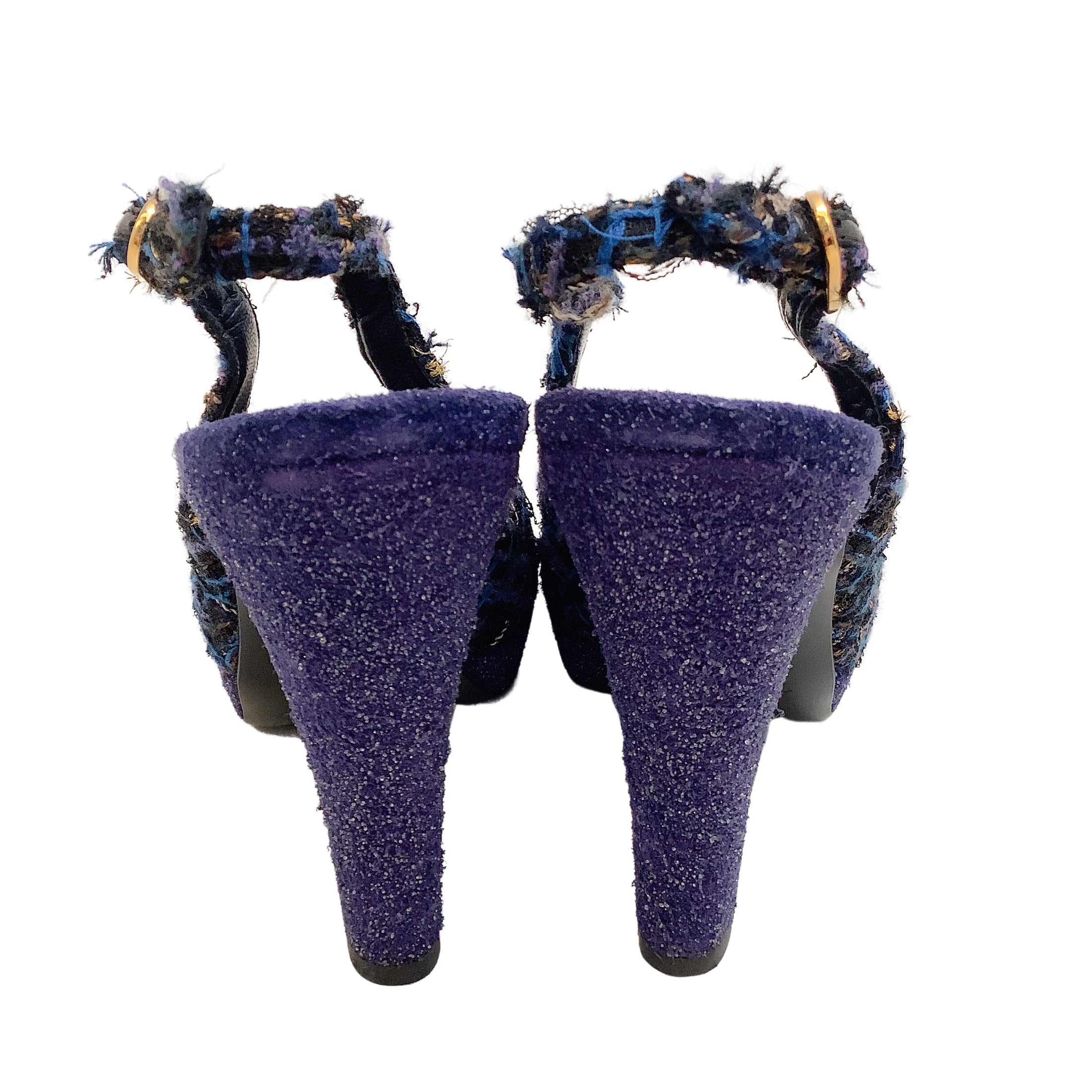 Chanel Purple / Blue Tweed Cap Toe Slingback Pumps
