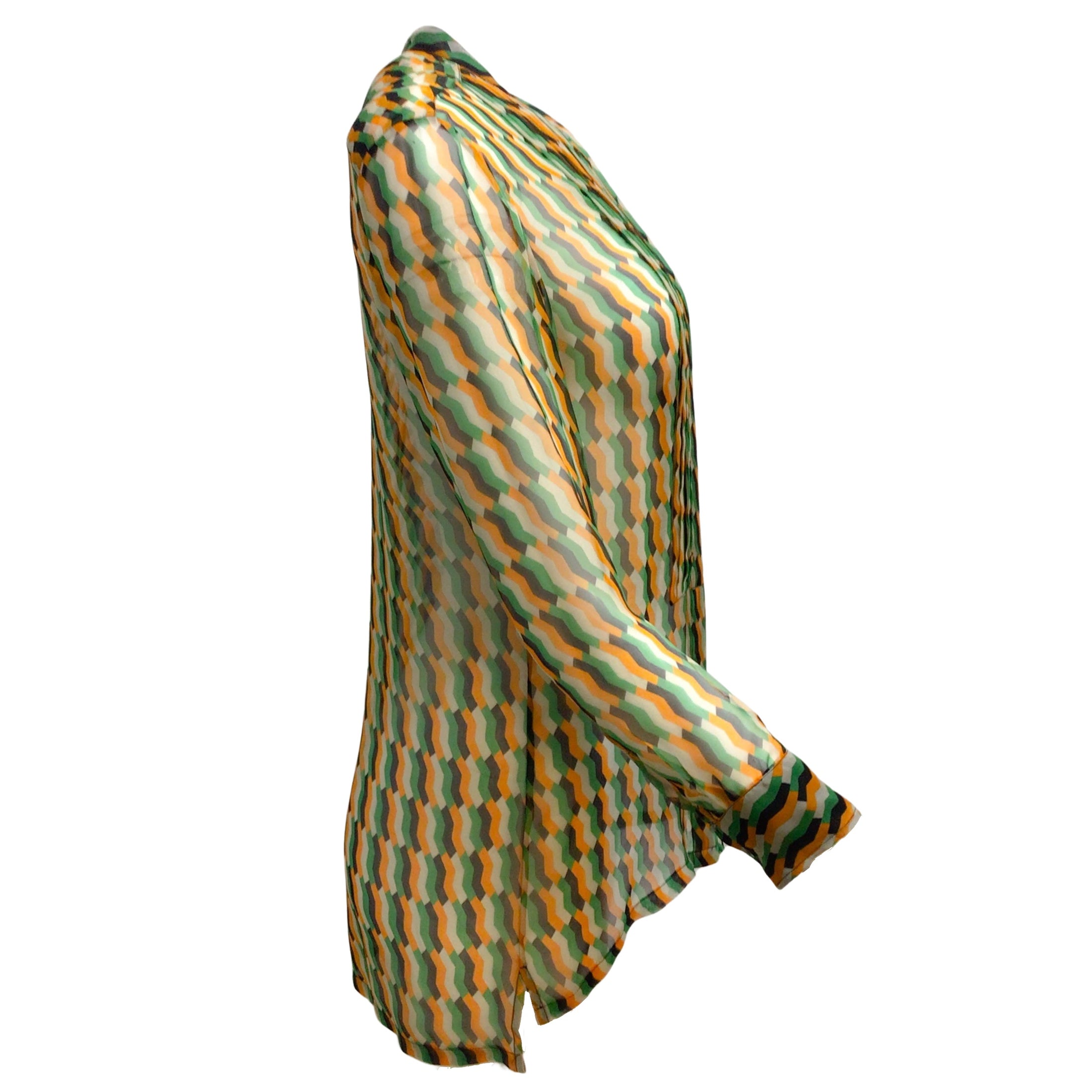 Dries van Noten Green / Orange Geometric Printed Pleated Detail Long Sleeved Button-down Sheer Silk Blouse
