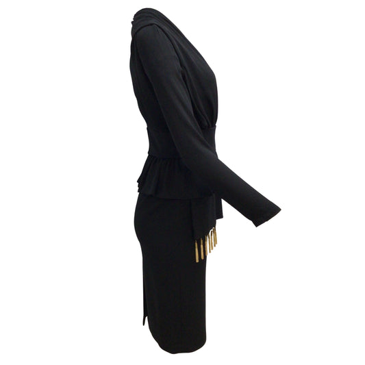 Altuzarra Black / Gold Chain Tassel Detail Long Sleeved Crepe Midi Dress