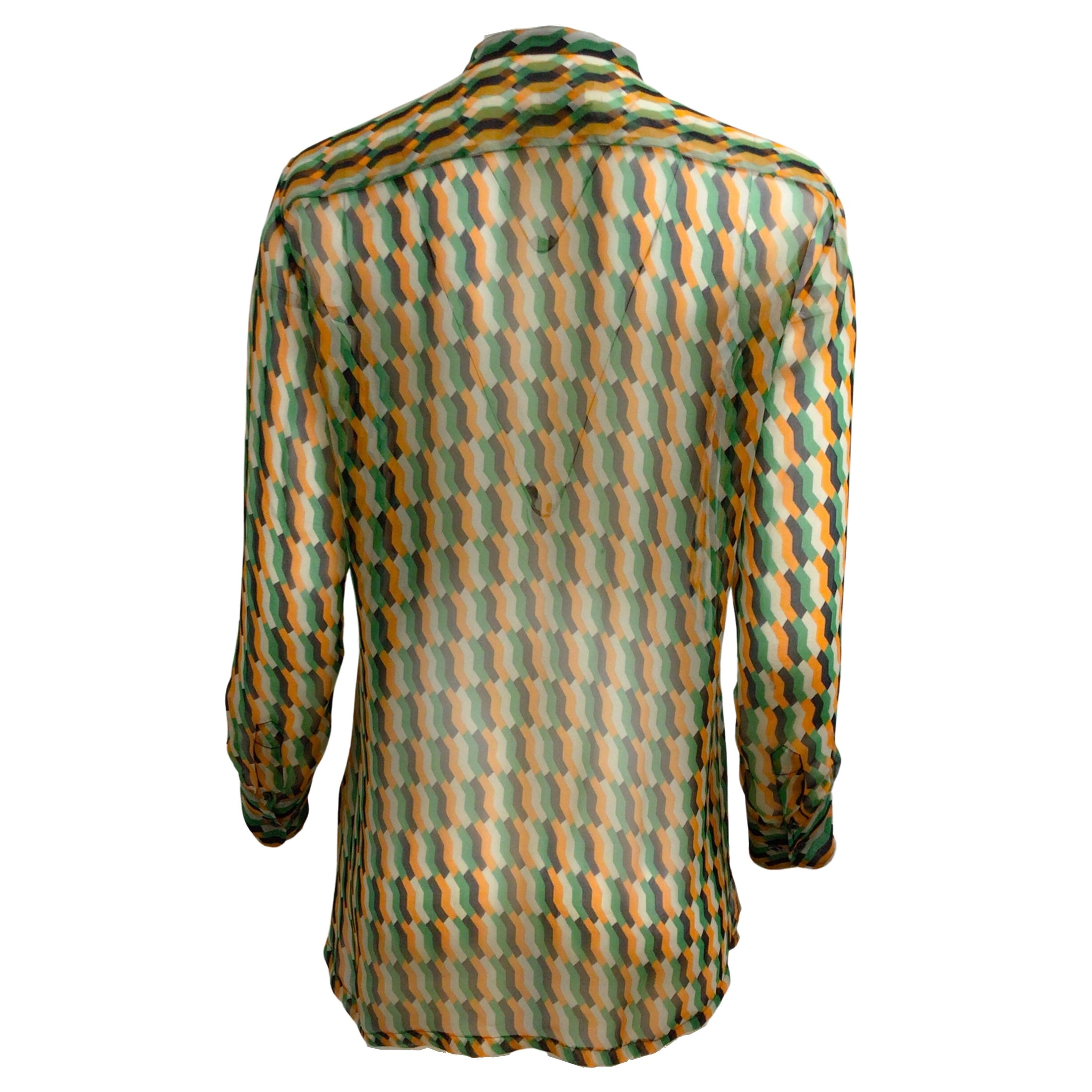 Dries van Noten Green / Orange Geometric Printed Pleated Detail Long Sleeved Button-down Sheer Silk Blouse