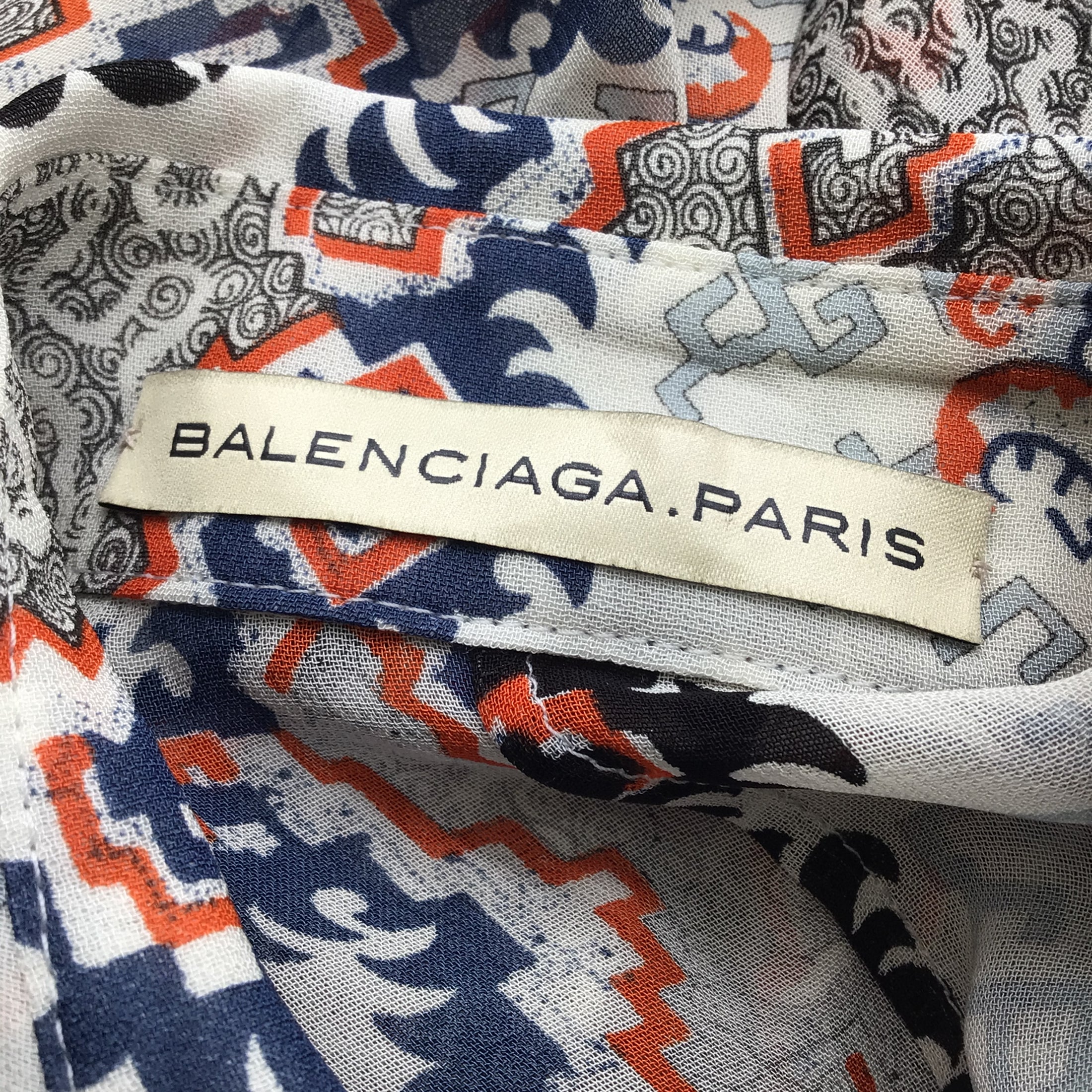 Balenciaga Orange / Navy Blue Multi Printed Long Sleeved Crepe Blouse