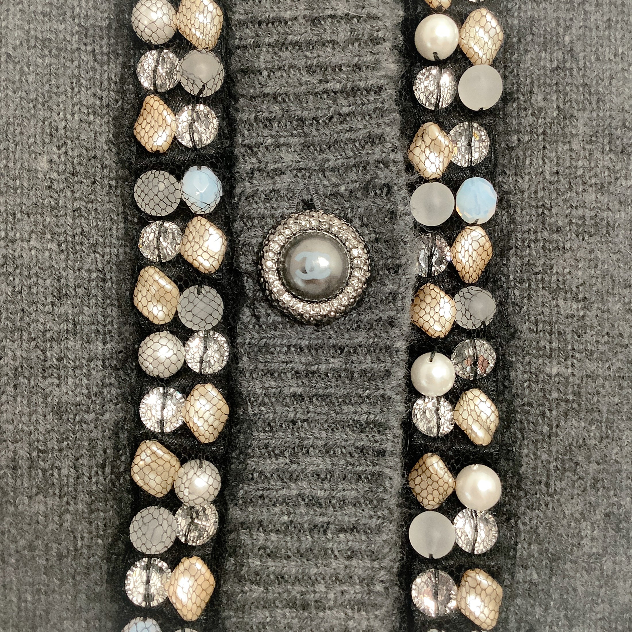 Chanel Pearl / Bead Trim Cashmere Cardigan Grey Sweater