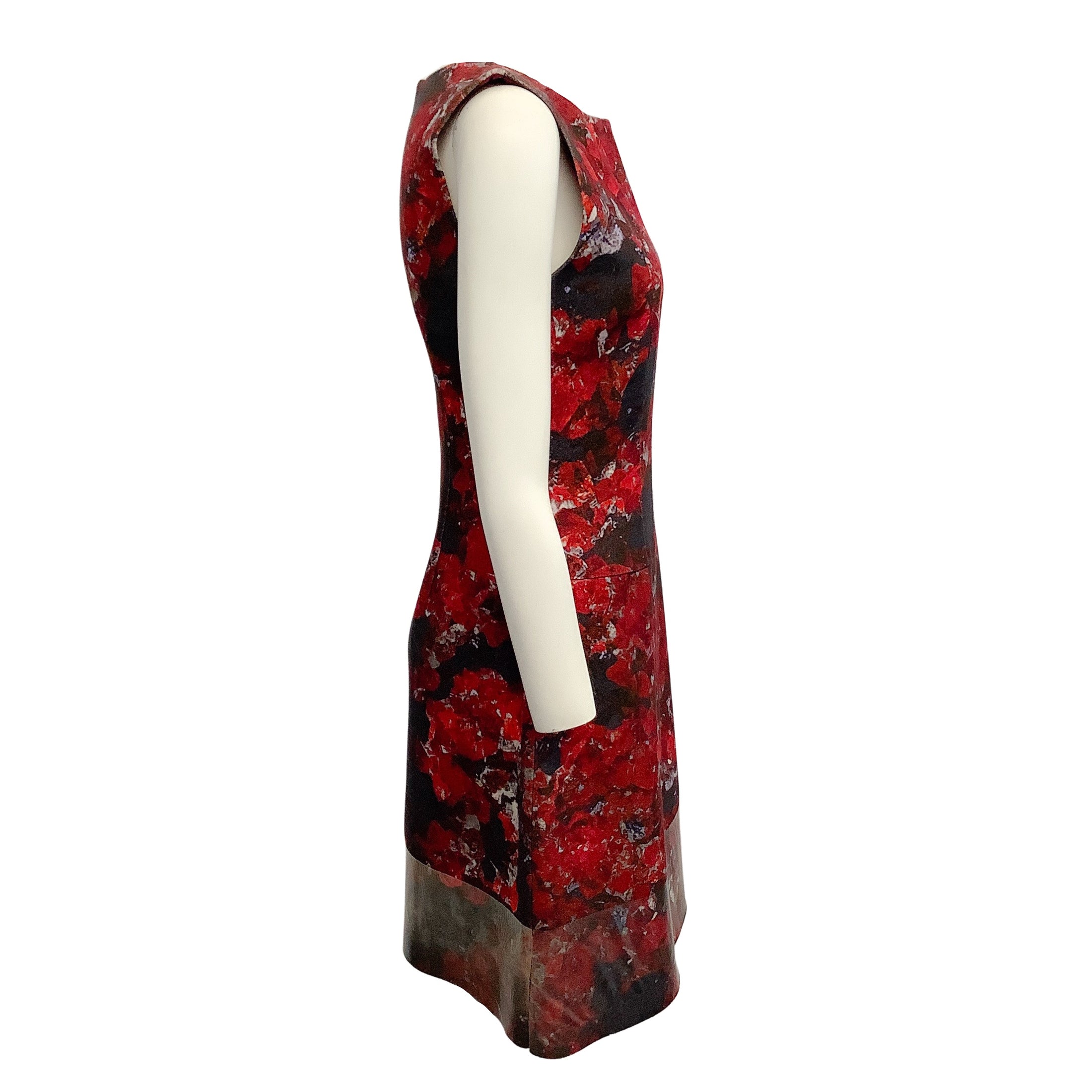 Peter Som Red / Grey Sleeveless Felted Wool Floral Cocktail Dress