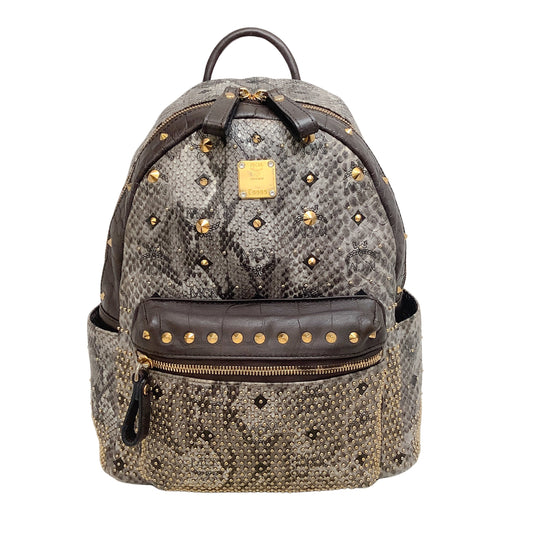 MCM Visetos Snakeskin Printed Studded Small Stark Brown Leather Backpack
