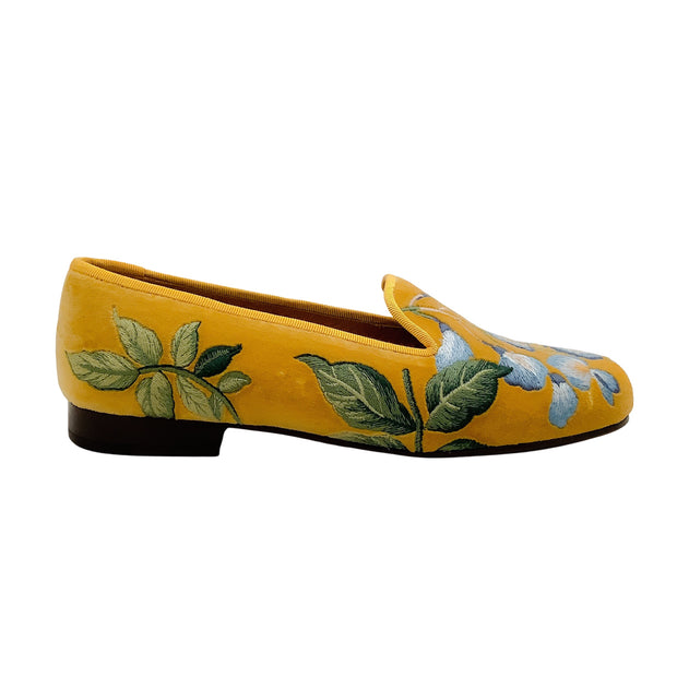 Stubbs & Wootton Yellow Velvet Blue Embroidered Floral Flats