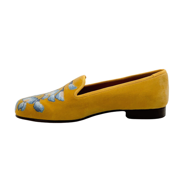 Stubbs & Wootton Yellow Velvet Blue Embroidered Floral Flats