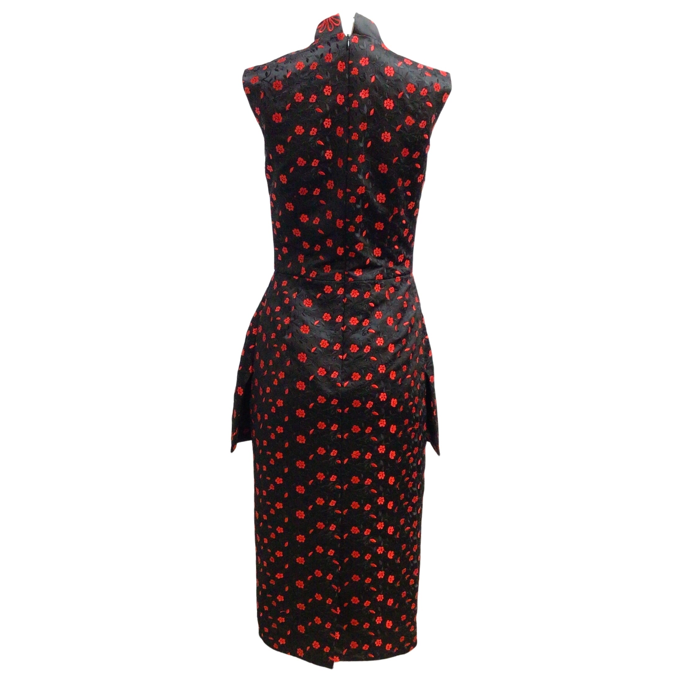 Simone Rocha Black and Red Floral Embroidered Sleeveless Satin Dress