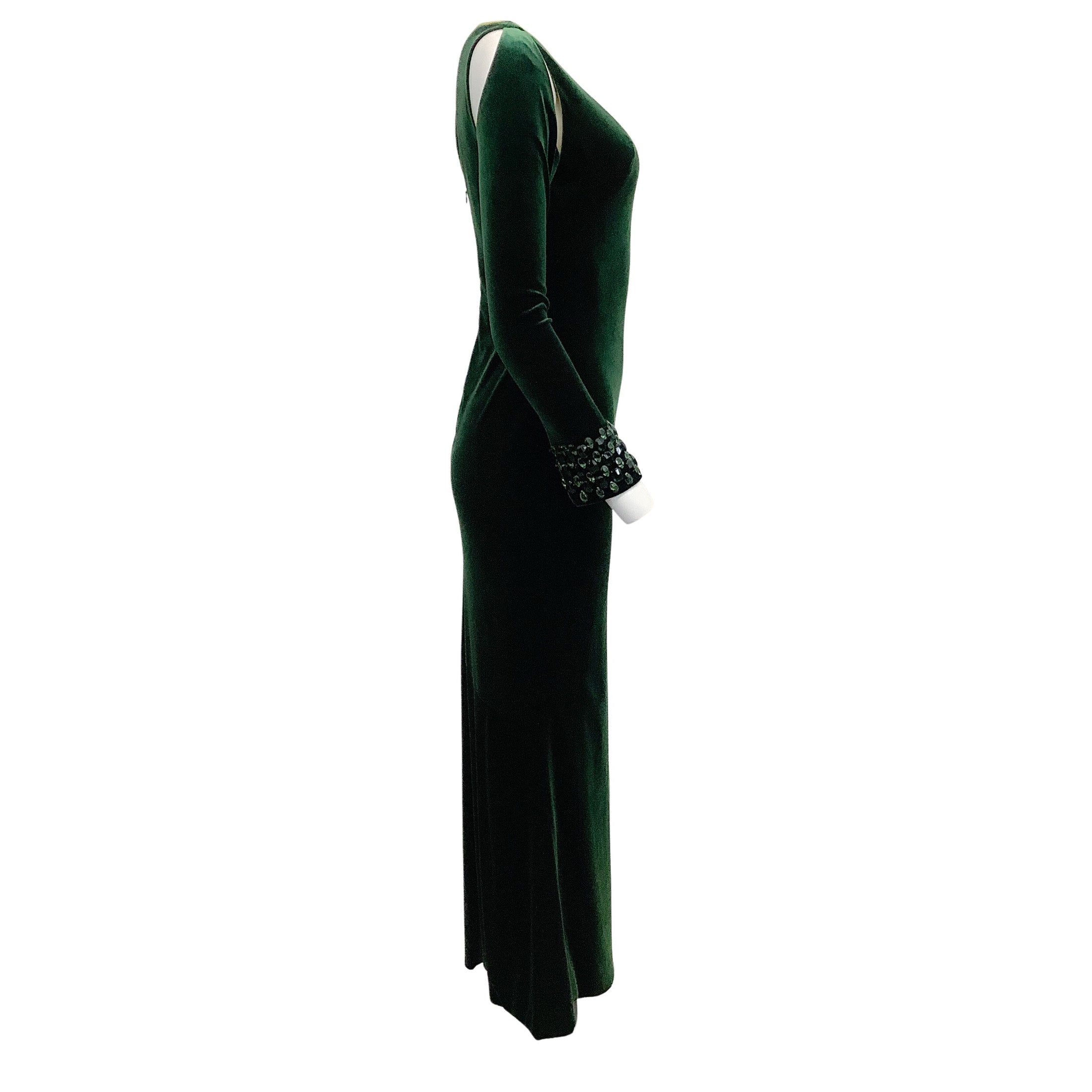 CD Greene Dark Green Velvet Maxi with Crystal Embellished Sleeves Formal Dress