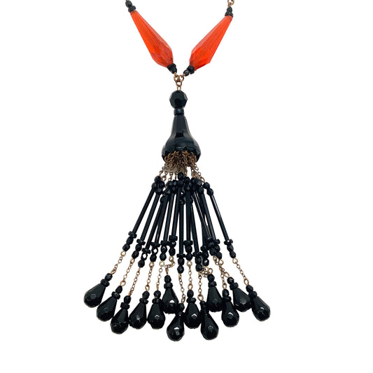 Francoise Montague Black / Orange Beaded Tassel Necklace