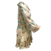 Chloé Ivory Multi Tie-neck Floral Printed Long Sleeved Silk Short Casual Dress