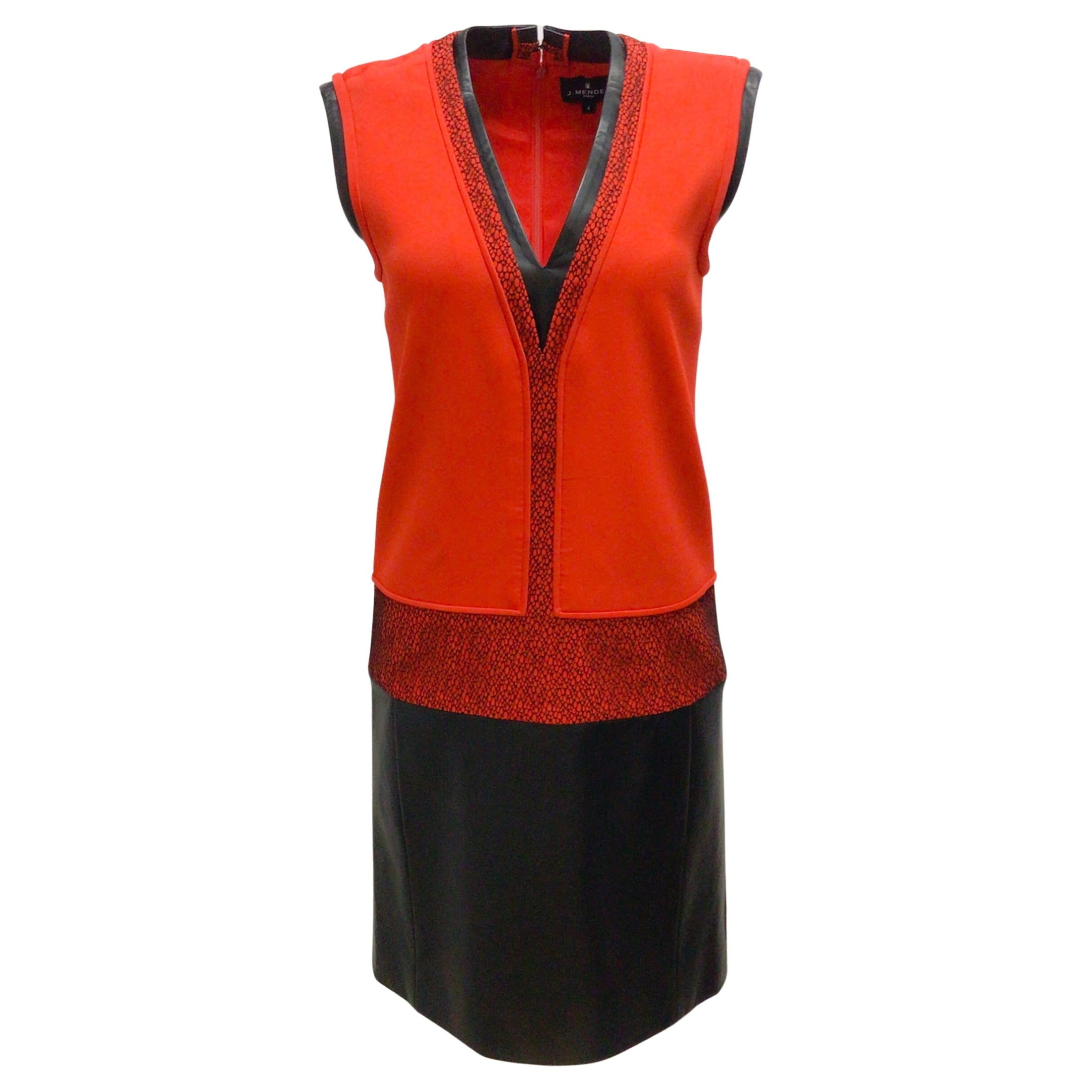 J. Mendel Red / Black Leather Trimmed Sleeveless Crepe Cocktail Dress