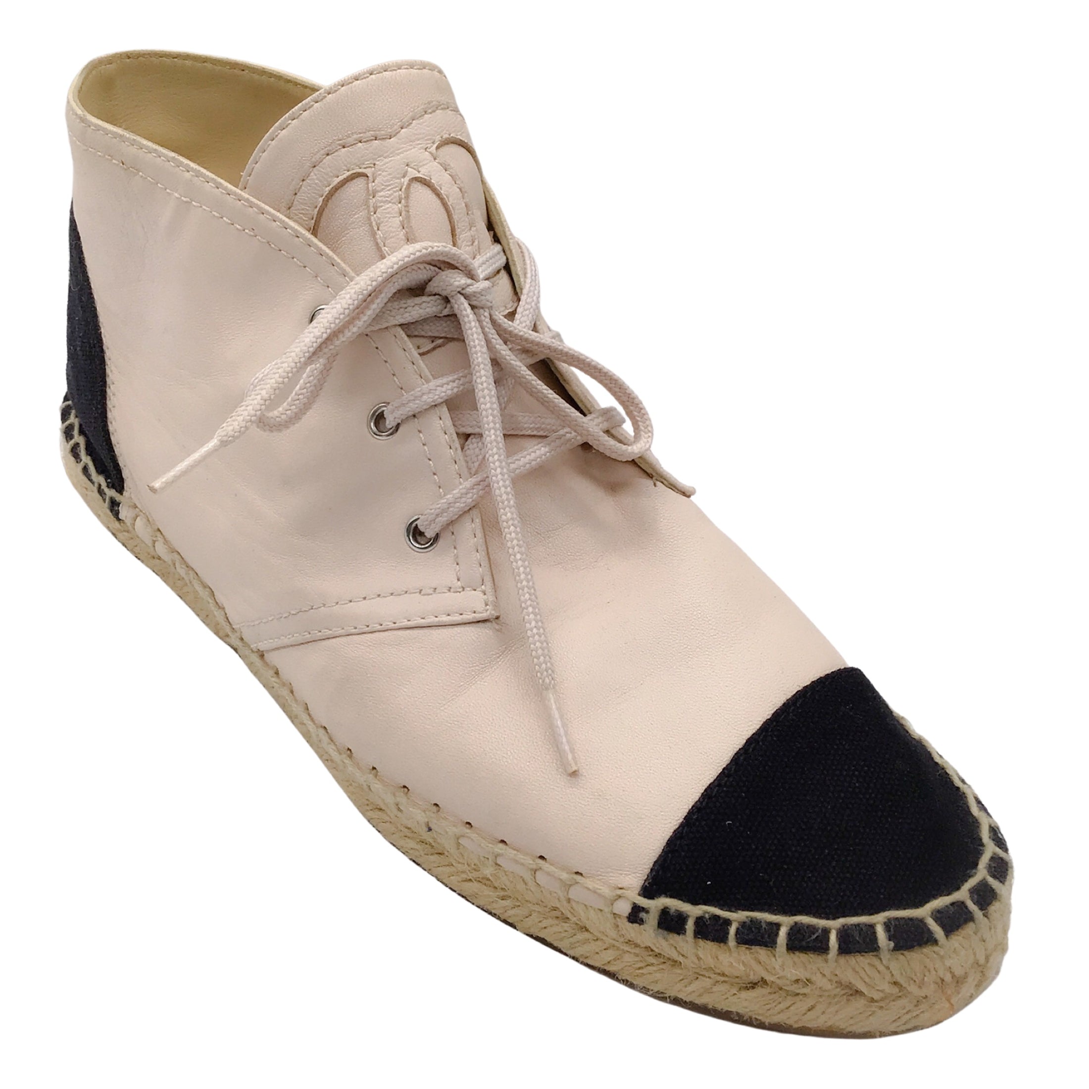 Chanel Beige / Black Leather and Canvas Cap Toe Lace-Up Espadrille Ankle Booties