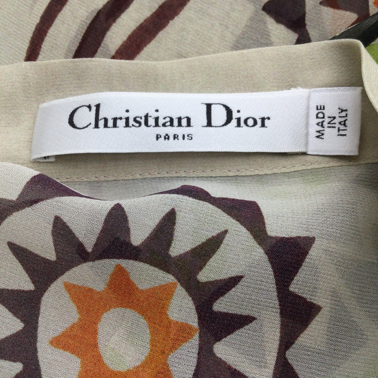 Dior Beige Multi Tie Neck Long Sleeved Printed Silk Blouse