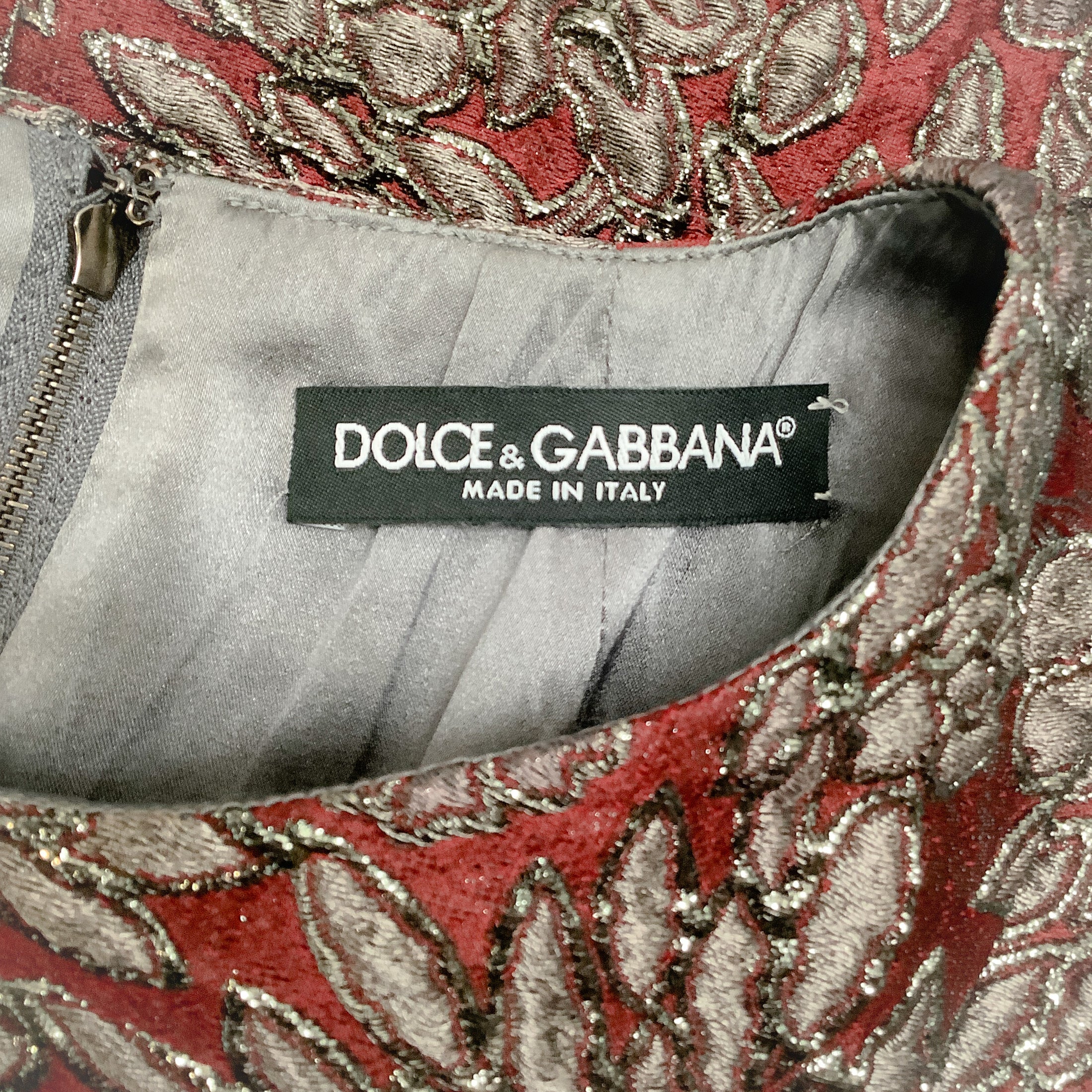 Dolce & Gabbana Burgundy / Grey Jacquard with Belt Cocktail Dress